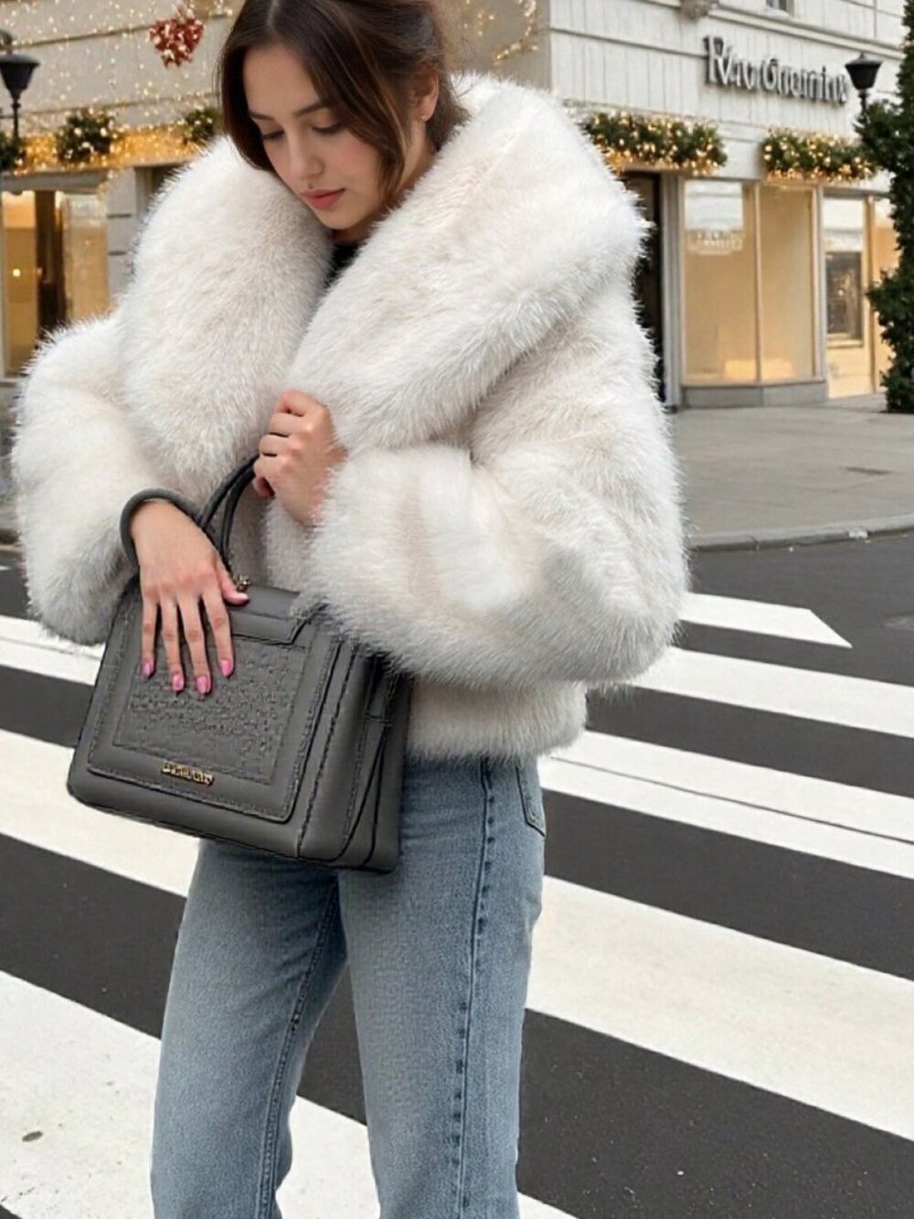 White Casual Women's Faux Fur Collar Short Jacket
